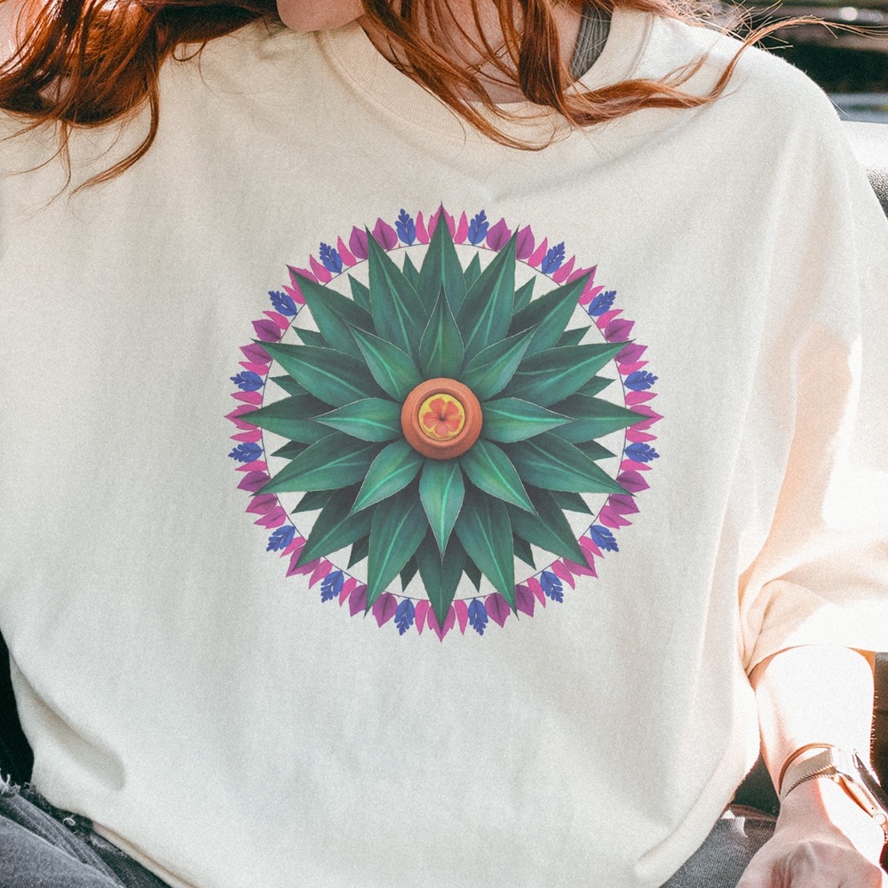 Succulents Radiating from a Hibiscus Mandala Boho Tee